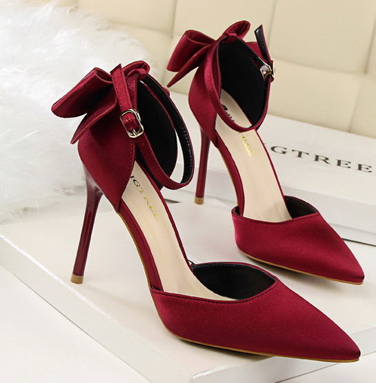 Sweet Bow Knot Pointed Tote Wine Red Stiletto Heels Sandals