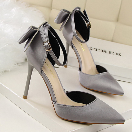 Sweet Bow Knot Pointed Tote Gray Stiletto Heels Sandals