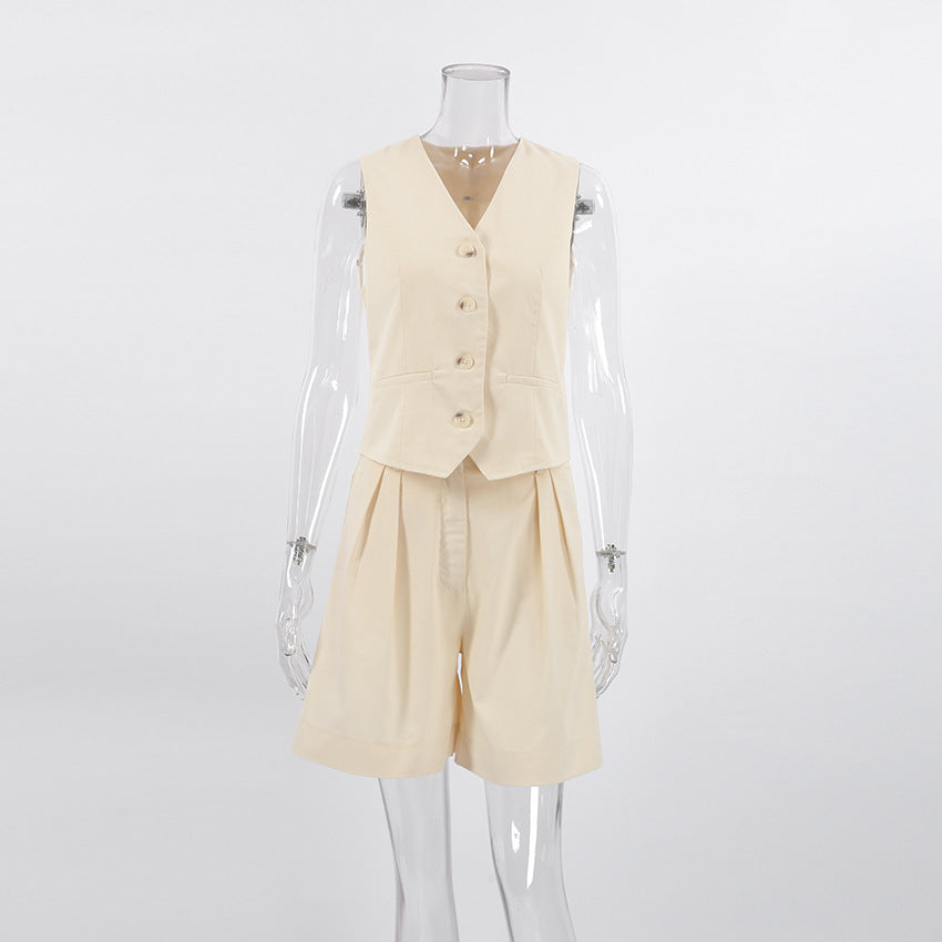 Ivory Cotton Linen Sleeveless Vest And Shorts Suits