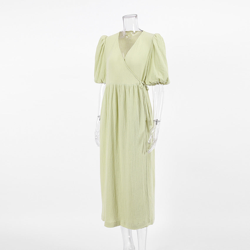 Elegant Cotton Summer Short Sleeves Light Green Midi Dresses