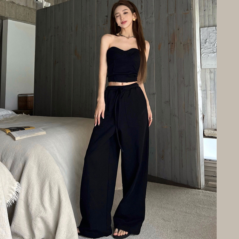Fashion Black Strapless Tops And Wide Legs Pants