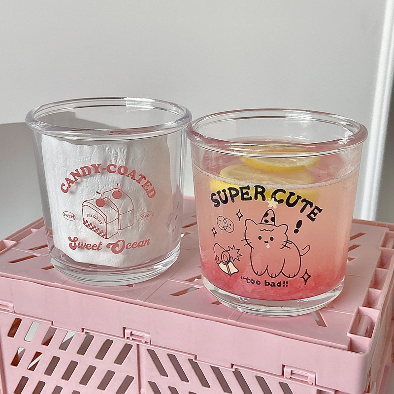Cute Glass Cup Cold Extract Coffee Dessert Korean Ins Style Simple Cartoon Letter Printing Daily Work Life Drinking Cup