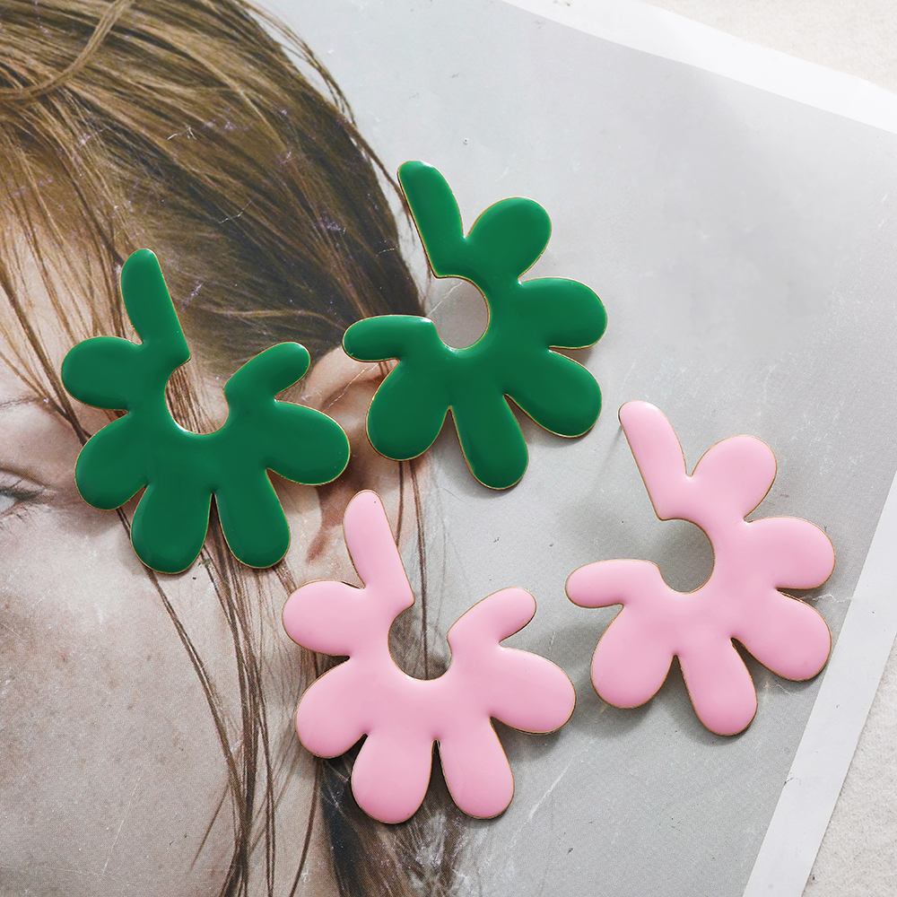 Vintage Green Pink Color Enamel Metal Flower Drop Earrings For Women Girls Geometric Leaf Flower Earring Statement Jewelry Gifts