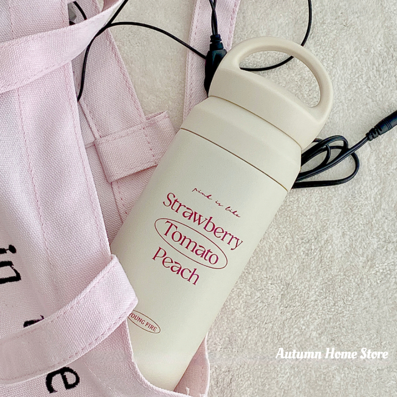 Original Pink Printed Cream Colored Stainless Steel Insulated Cup Handle Portable Carrying Cup Water Bottle