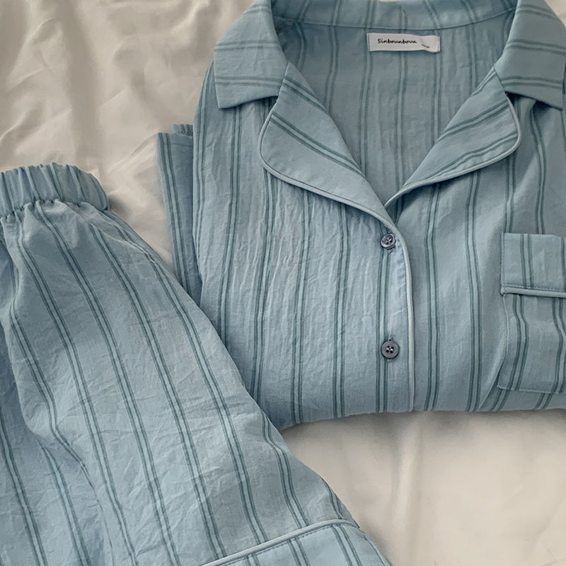 Summer Women's Home Clothes Short Sleeve Tops High Waisted Shorts Vertical Stripes Casual Sleepwear 2 Piece Set Home Pyjamas