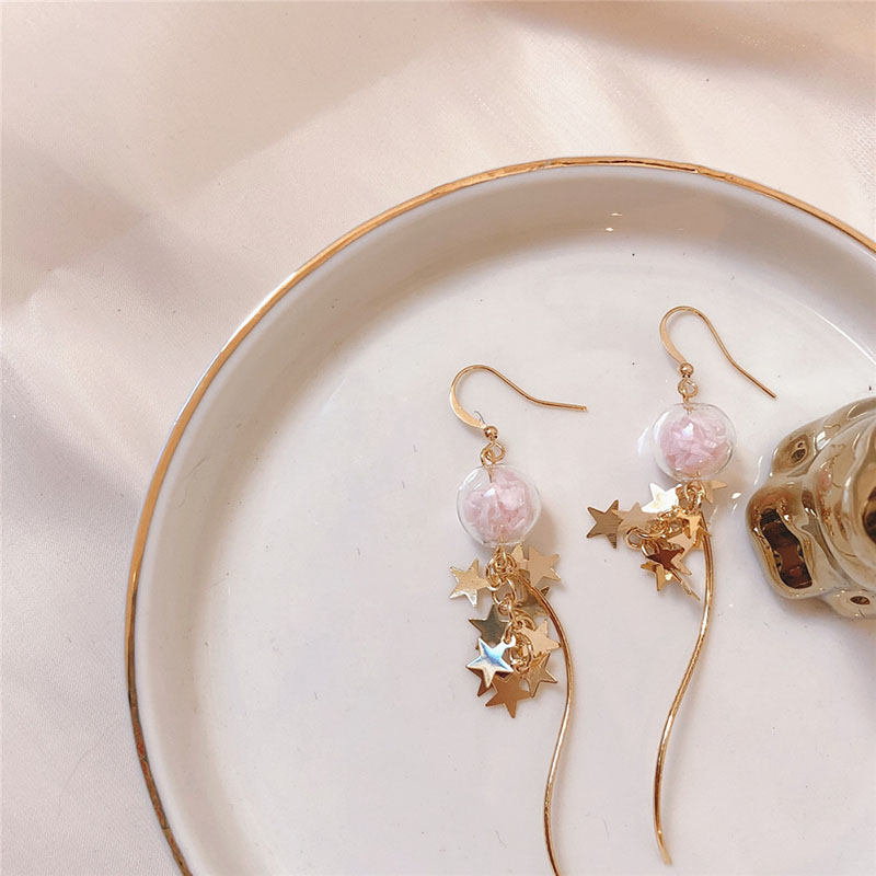 Original Sweet Pink Bubble Dangle Earrings For Women Glass Ball Cute Star Tassel Korean Style Drop Fashion Earrings Jewelry