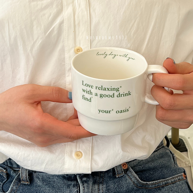 Korean Style Niche Simple Green Letter Ceramic Mug Retro French Breakfast Mug Creamy Coffee Mug