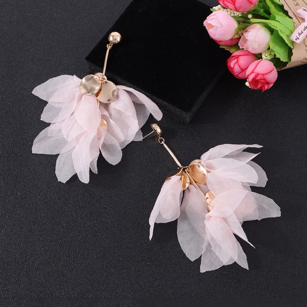 Big Long Dangle Pink Yarn Flower Drop Earrings Bohemian Trendy Jewelry