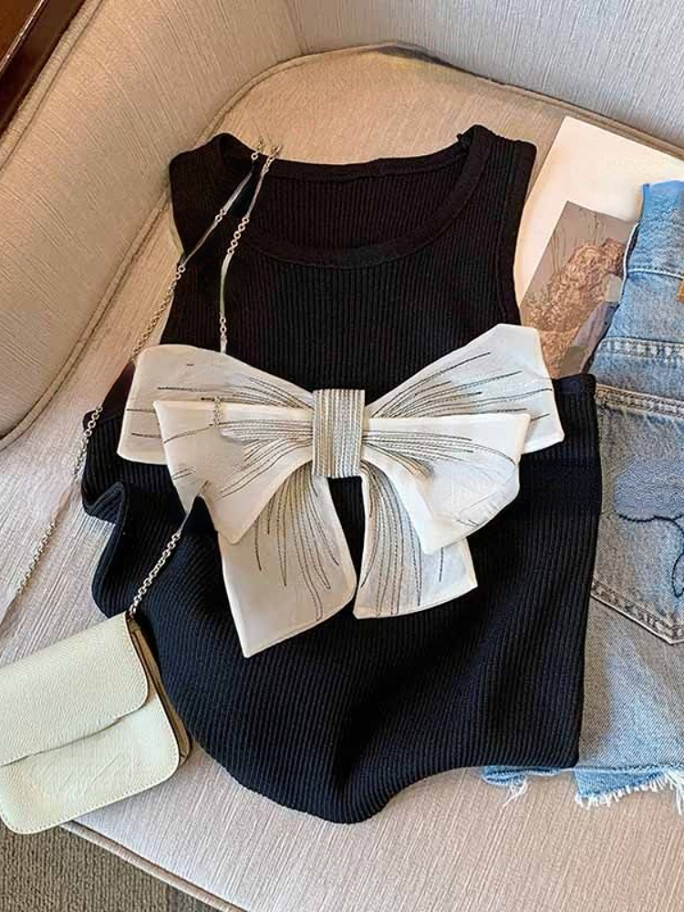 Y2k Summer Bow Crop Tops Women 2023 Ropa Mujer O Neck Sleeveless Knitted Vest Slim Fit Temperament Camis Sexy Solid Tanks