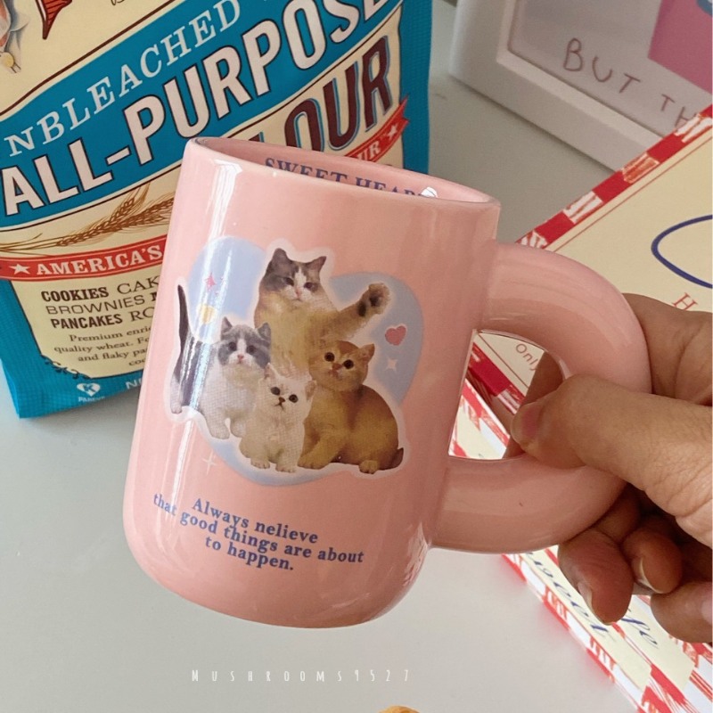 Pink Cute Kitten Mug For Girls To Drink Breakfast English Printing Coffee Milk Cup Ceramic Chubby Handle Christmas Gift