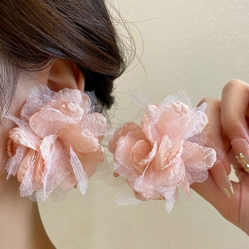 Elegant Pink Lace Fabric Flower Drop Earings Jewelry Women Girls Bride Wedding Dangle Earrings Accessories Gifts
