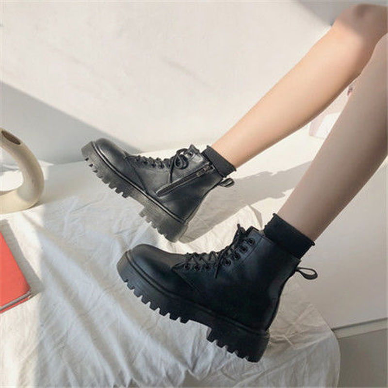 Popular Autumn Korean Fashion Handsome Lace-up Motorcycle Boots Net Red Thick-soled Casual Round Toe Boots Women