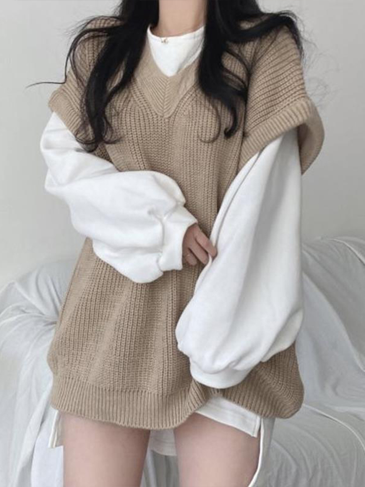 Autumn Sweater Vest Women Korean Fashion Knitted Sweater Female Oversize Casual Loose Waistcoat Preppy Long Sleeve Pullovers Top