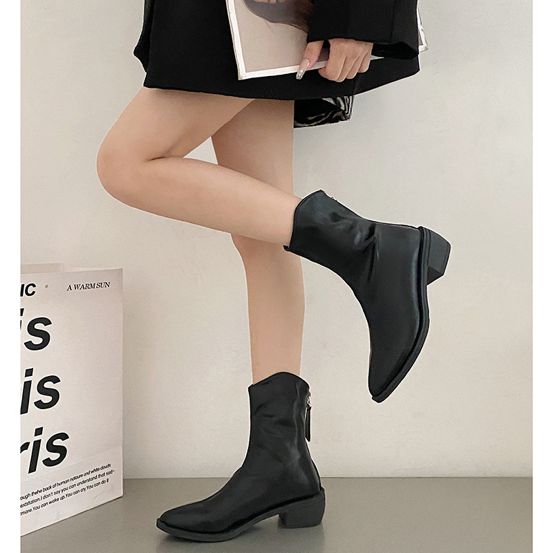 British Casual Black French Retro Thick Heel Boots Autumn 2023 Thin Pointed Chelsea Boots Women Shoes