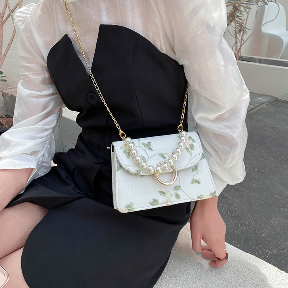 Female Sweet Lace Flower Square Handbags High Quality Pu Leather Cross Body Bags For Women Small Fresh Pearl Chain Shoulder Bags