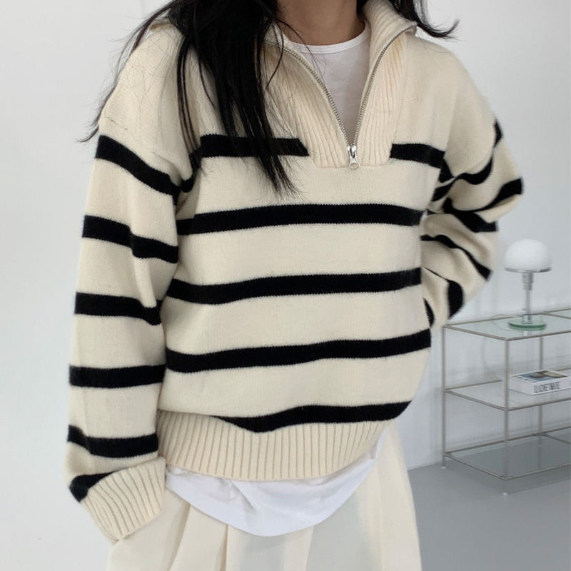 Striped Fashion Women Sweaters 2023 Autumn Winter Pullovers Korean Style Knitwears Long Sleeve Zipper Knit Top Ladies Sweater