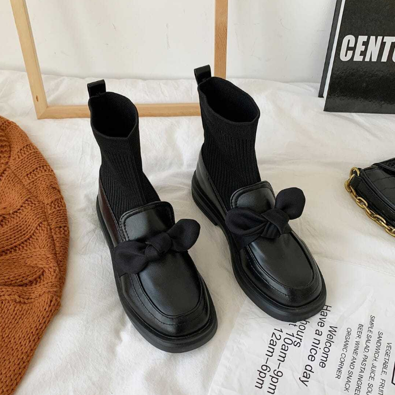 Short Shoes For Women Sock Booties Elastic Footwear Black Round Toe Female Ankle Boots In Pu High Quality Winter 2023