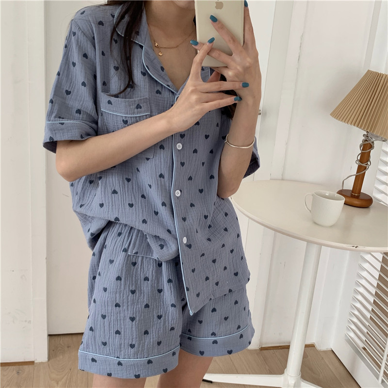 Lovely Heart Print Summer Pajamas Set Women Single Breasted Shirts + Shorts Set Two Piece Home Suit Cotton Sweet Kawaii