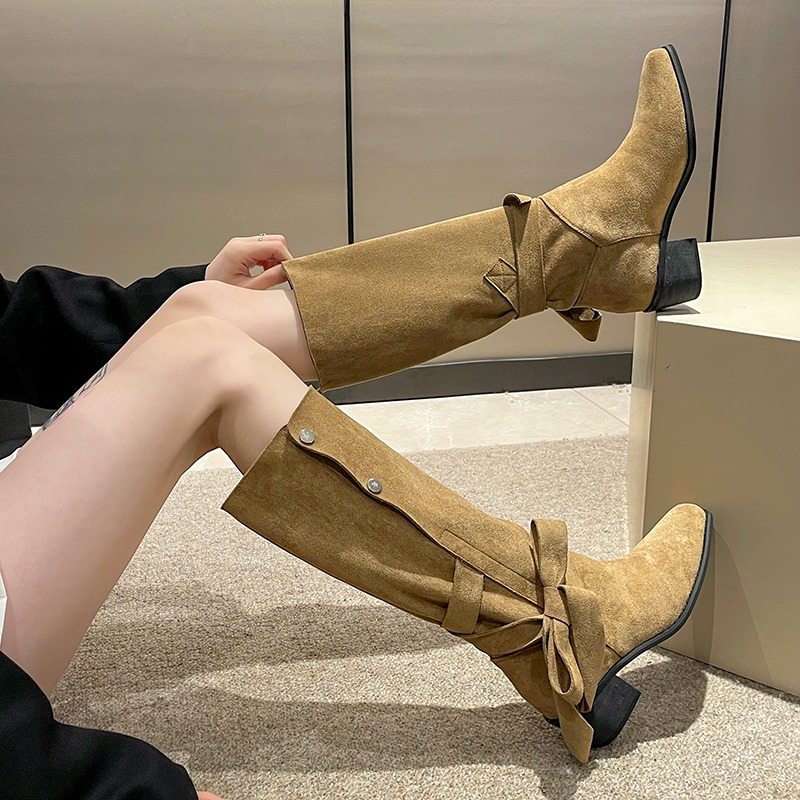 Shoes For Women 2023 Brand Slip-on Women's Boots Fashion Butterfly-knot Solid Square Toe Knee-high Boots