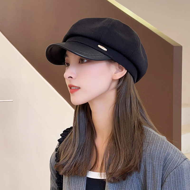 Pu Material Splicing Beret Female Korean Version Of Autumn And Winter Vintage Temperament Fashion Octagon Hat
