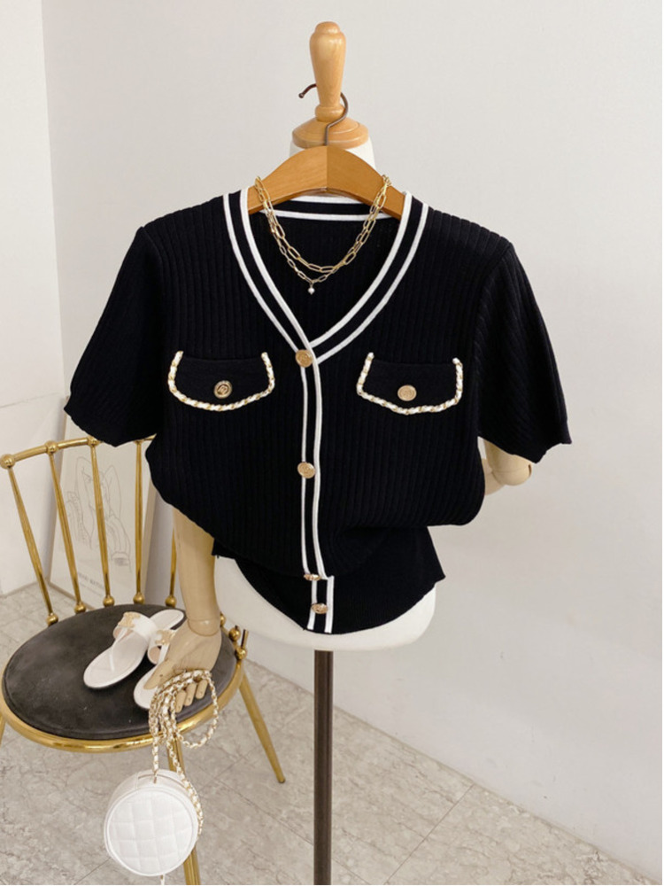 Korean Chic Small Fragrance Style Gold Button Knitted Top Women's Contrast Color Sense Temperament Short V-neck Cardigan
