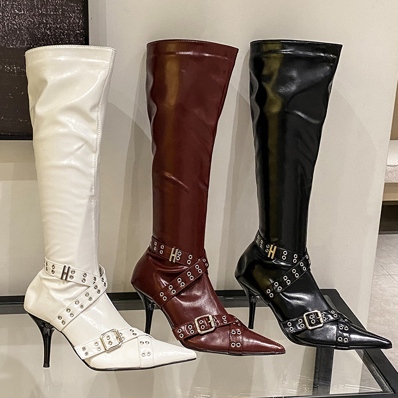 Female Zipperspointed Toe Fashion Buckle Footwear Elegant Women Heeled Shoes Long Modern Ladies Knee High Boots Boots Shoes
