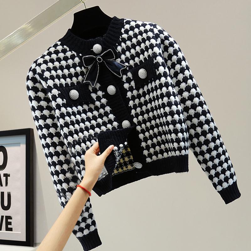 Korean Women Short Cardigans Sweaters Streetwear Fashion Knitted Clothing Spring Autumn Long Sleeve Bow Diamonds Casual Coats