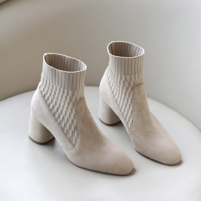 Pointed Ankle Boots Winter Women Casual Chelsea Boots Women Medium Heel Knitted Sock Boots Women Faux Suede Female Heels