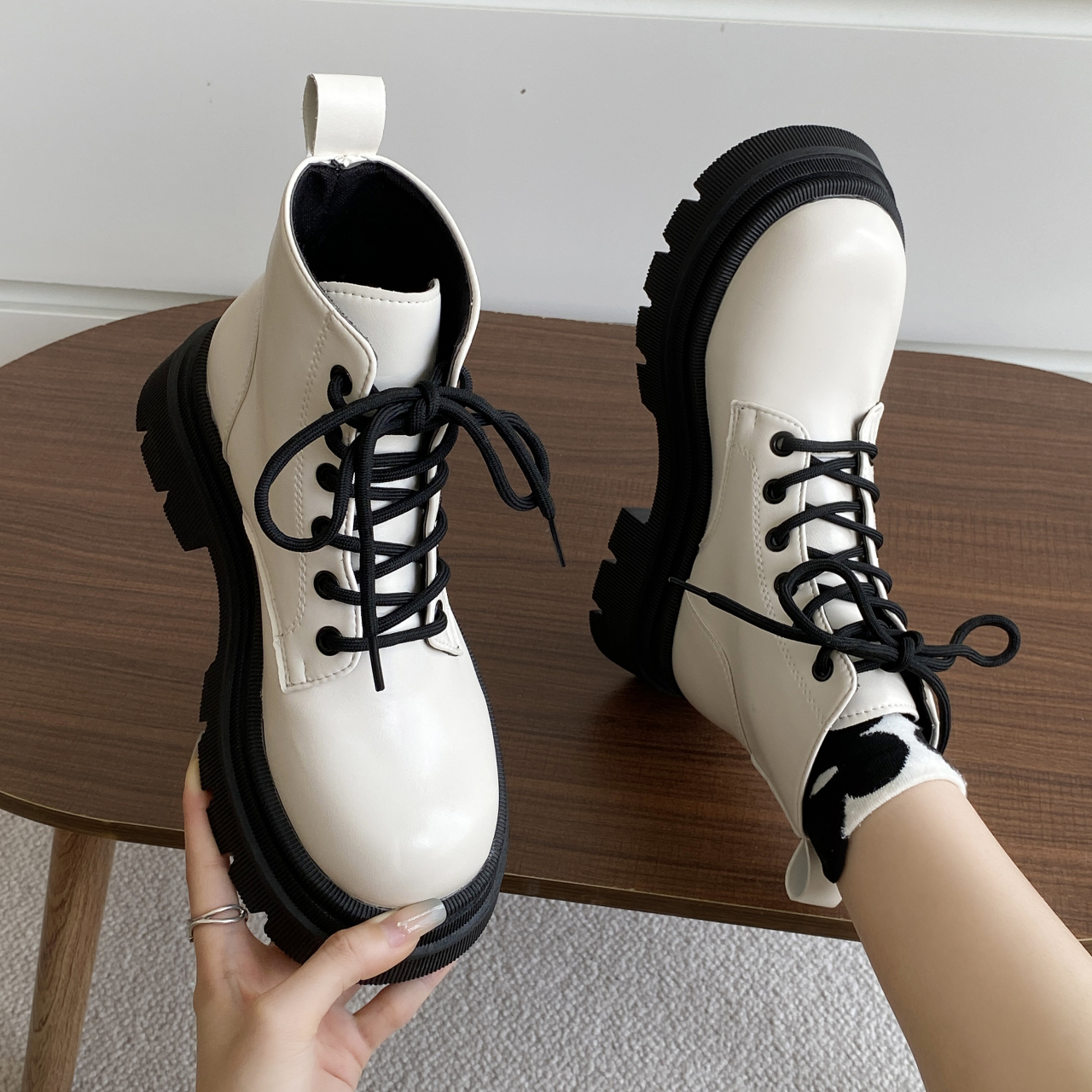 Chunky Platform Combat Boots For Women Autumn Winter Pu Leather Ankle Booties Women Punk Thick Bottom Non Slip Motorcycle Boots