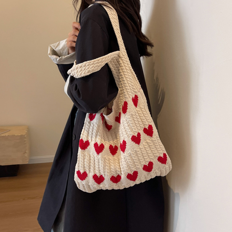 Y2k Korean Women Fashion Sweet Heart Girls Crochet Hand Bag Ladies Kawaii Purses Shoulder Underarm Shopper Clutch Knit Tote Bags