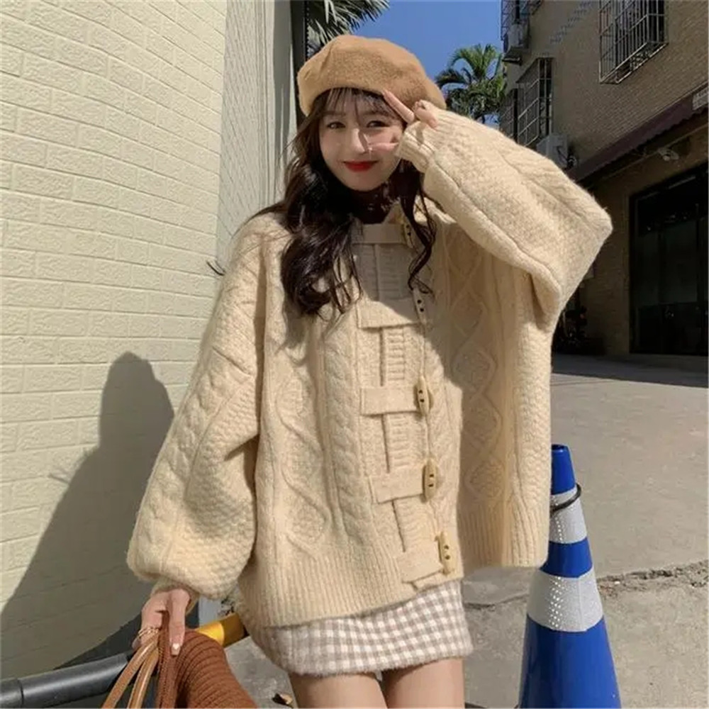 Women Sweet Knitwear Beige Loose Hooded Cardigan Oversize Horn Button Long Sleeve Jackets Korean Preppy Cute Pink Coats Tops