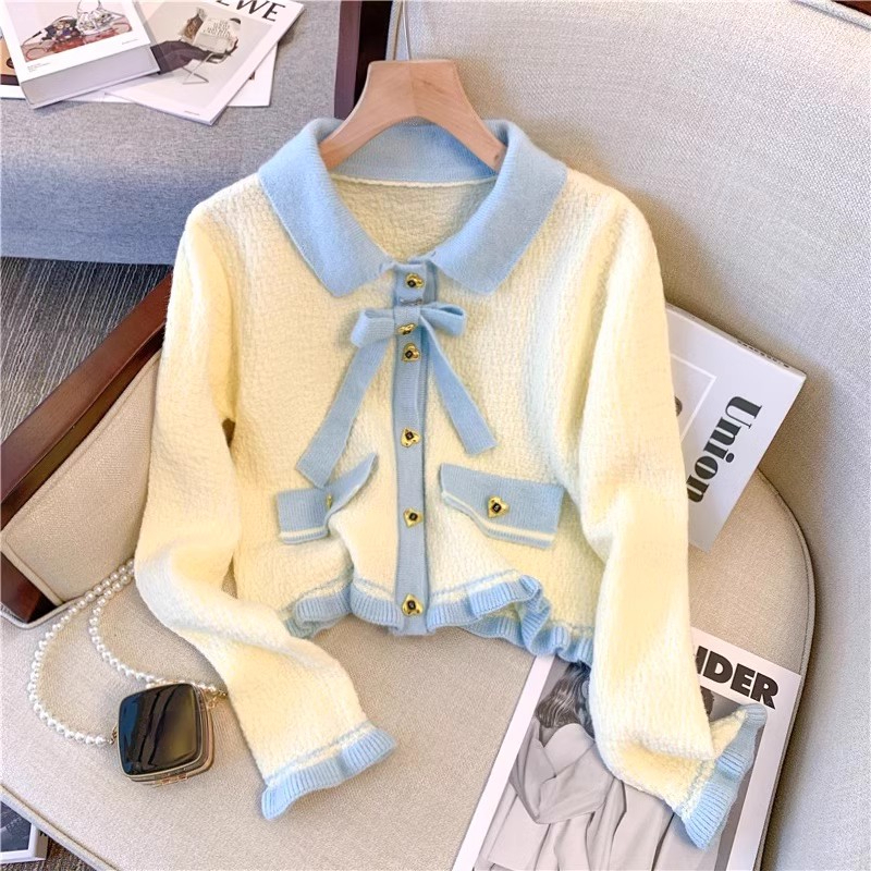 Women Sweater Sueter Mujer Sweet Ruffles Lace Up Long Sleeve Pull Femme Vintage Knitted Cropped Cardigan Coat Women's Clothes