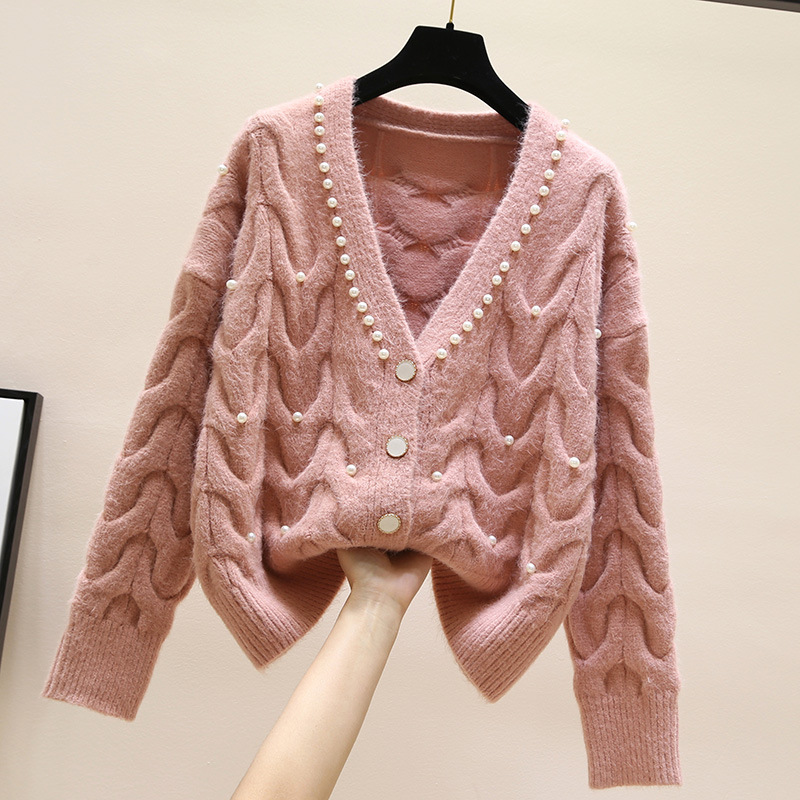 Fashion All-match Knitted Outer Wear Sweater Sweet Beaded V-neck Knitted Cardigan Women's Spring