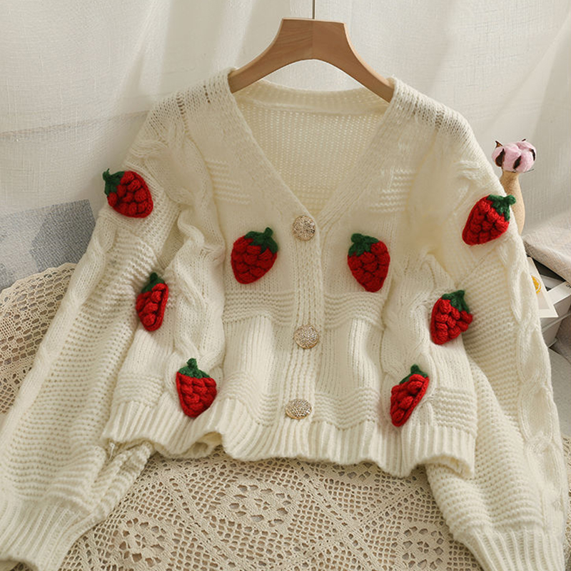 Autumn Winter Fashion Pink Strawberry Sweaters Women Long Sleeve Knitted Female Cardigan Single Breasted Jackets