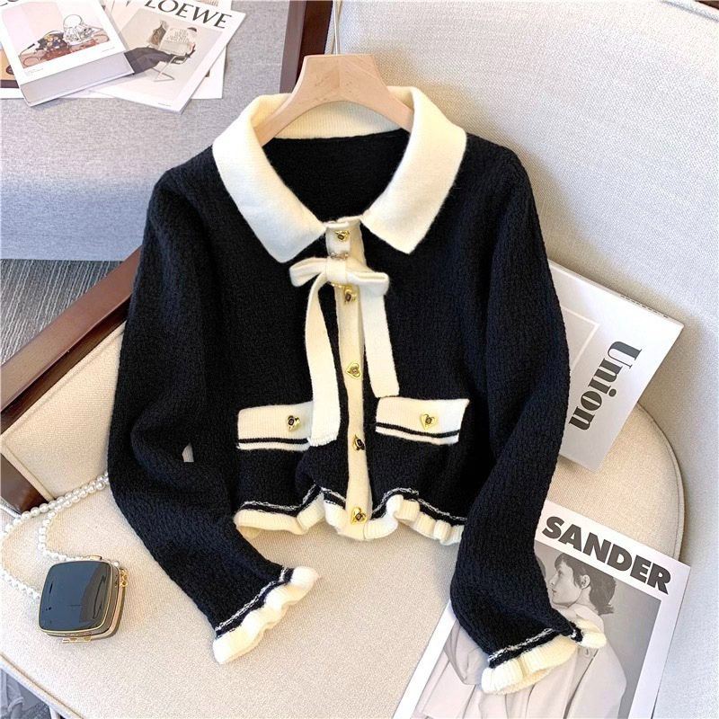 Women's French Elegant Sweater Bow Lace Up Knit Cardigan Fashion Long Sleeve Single Breasted Turn-down Collar Top