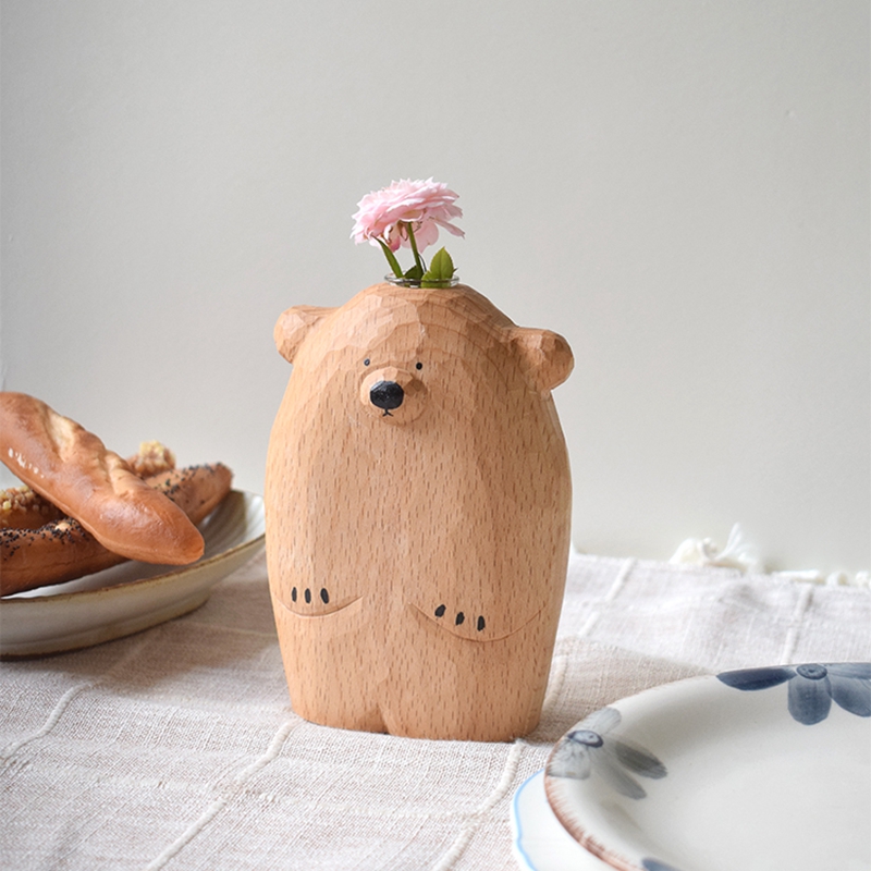 Handmade Woodcarving Bear Flower Arrangement Creative Solid Wood Flower Vase Decoration