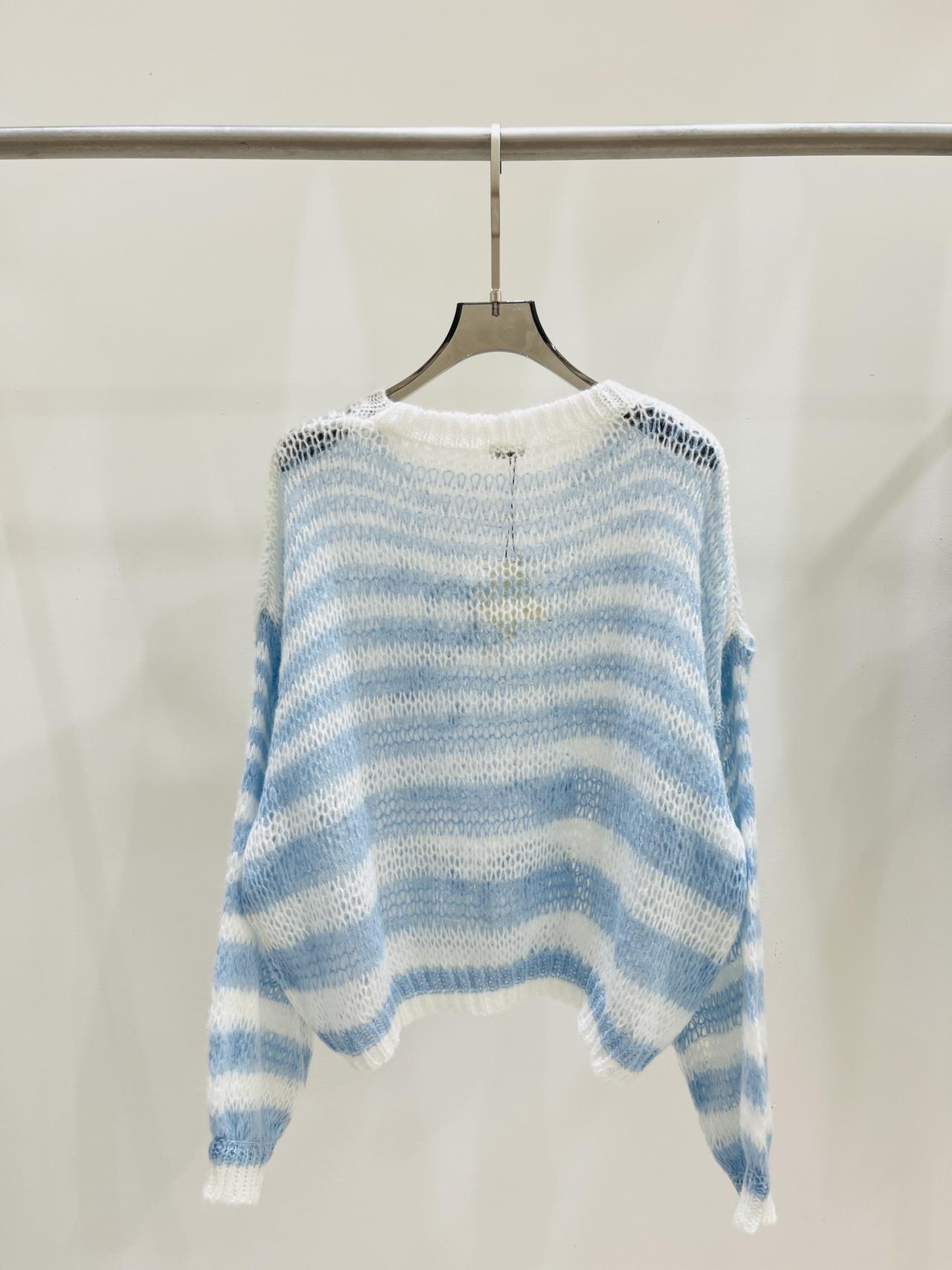 Early Autumn Women's Long Sleeved Knitted Shirt Round Neck Colored Striped Hollow Out Sweater Casual