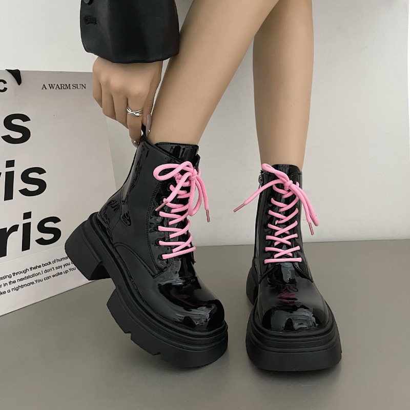 Black Patent Leather Women's Boots Round Toe Platform Ladies Ankle Boots Pink Lace Up Motorcycle Boots Fashion Gothic Shoes