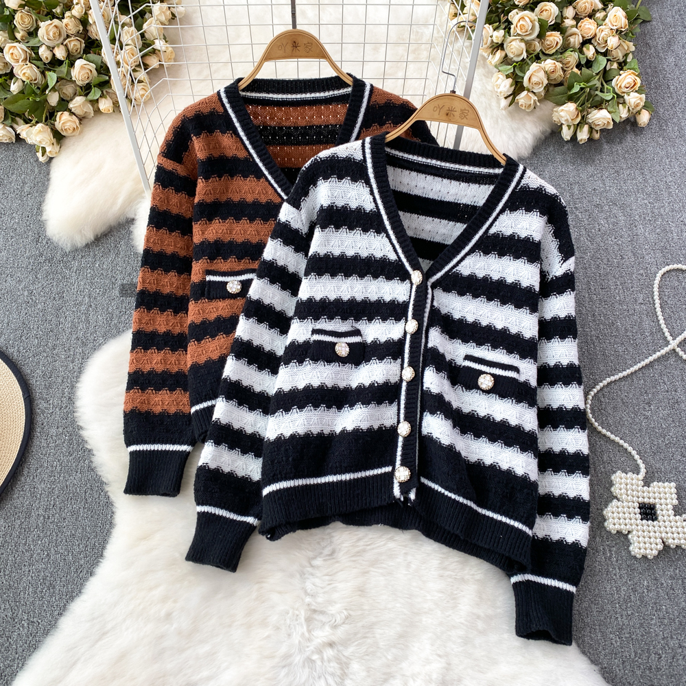 Vintage Stripe V Neck Single Breasted Cardigan Knit Long Sleeve Korean Fashion Sweater Women Autumn Winter Knitwear Top