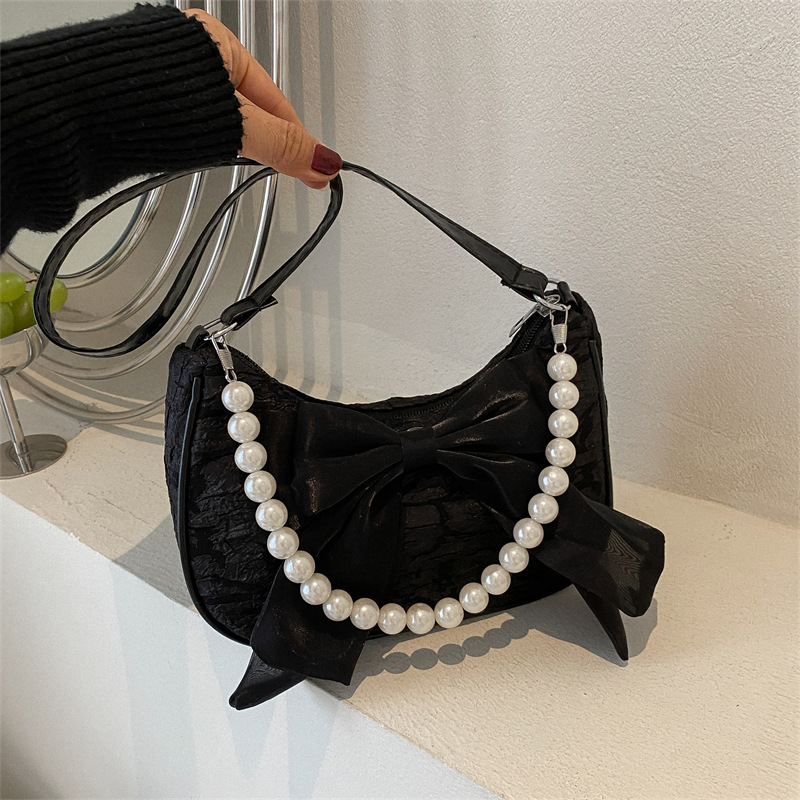 Bowknot Handheld Pearl Bag Fashion Zipper Embroidery Handbag Summer Popular Crossbody Bag Women Printing Soft Fabric Trendy