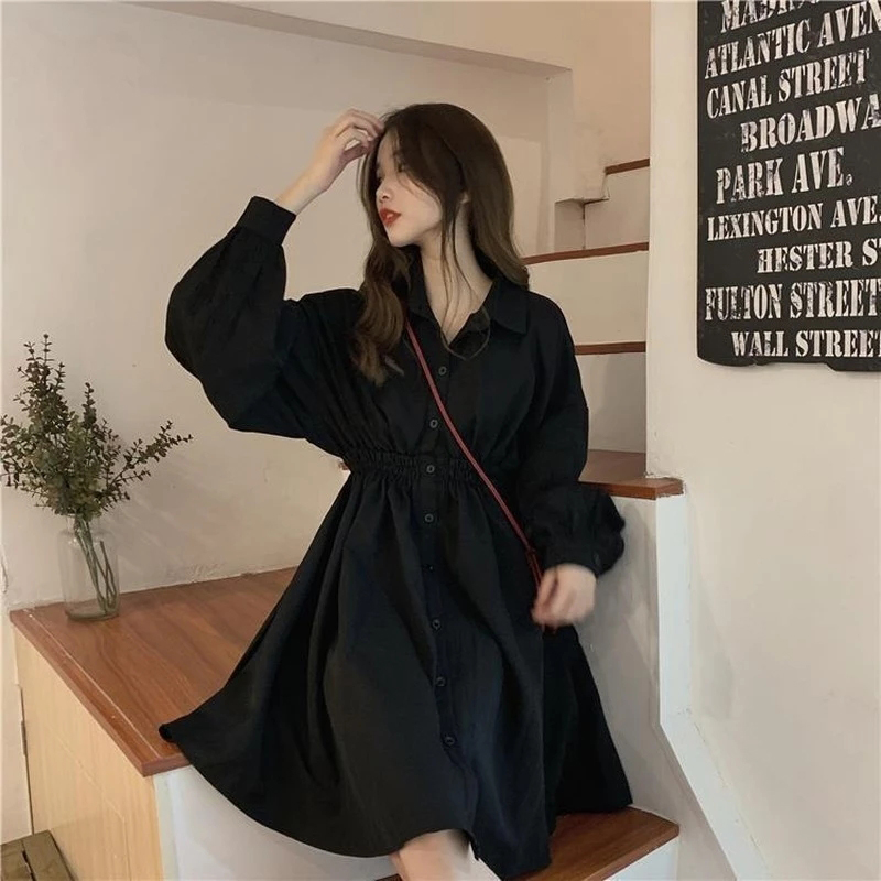 Shirt Dress Women Black Lantern Long Sleeve Elastic Waist A Line Mini Dress Preppy Korean Solid Simple Casual