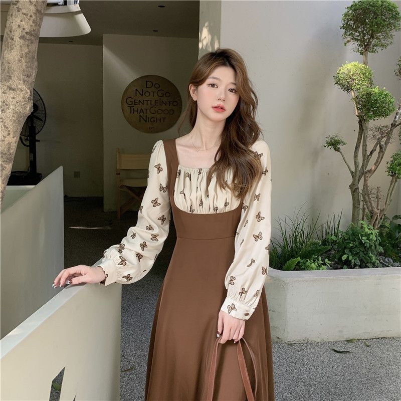 Vintage Brown Midi One Piece Dress Women Korean Style Floral Long Sleeve Tunic Dresses French Corset Vestidos Autumn