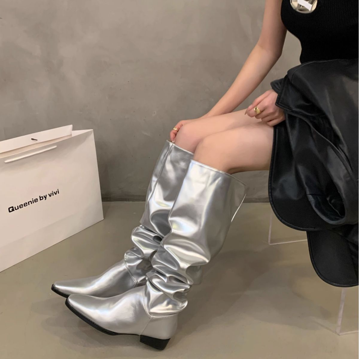 Silver Women's Boots Autumn Winter Fashion Long Boots Women Shoes Bright Surface Pleated Knight Boots