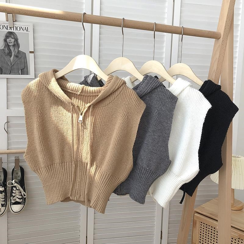 Fashion Sleeveless Crop Tops Knitted Sweater Vest Women Zipper Hooded Cardigan Solid Y2k Clothes Korean Casual Jackets