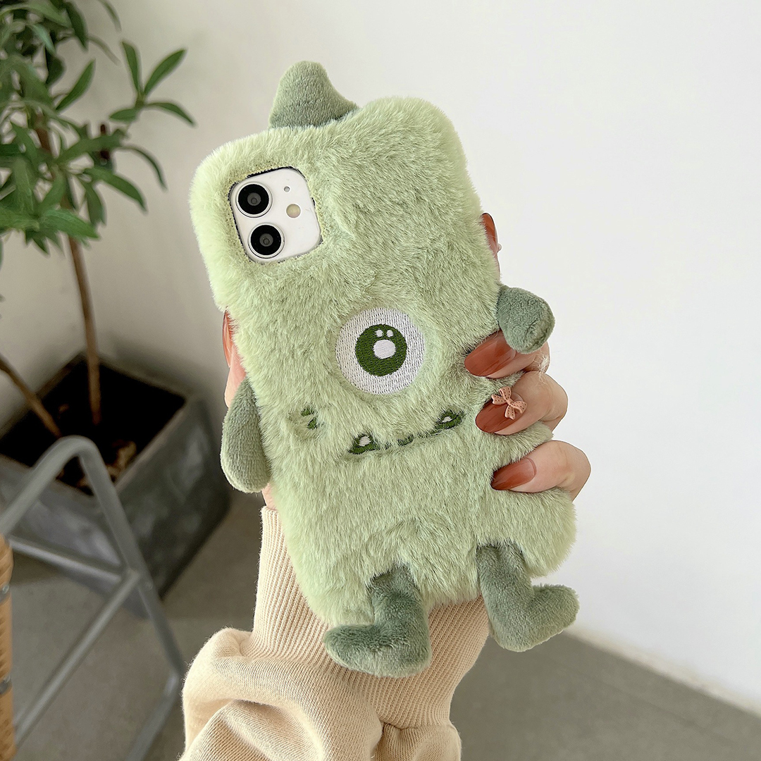 Cute Ears Green Little Monster Fur Plush Phone Case For Iphone 11 13 12 14 Pro Xs Max X Xr 7 8 Plus Se Warm Soft Silicone Cover