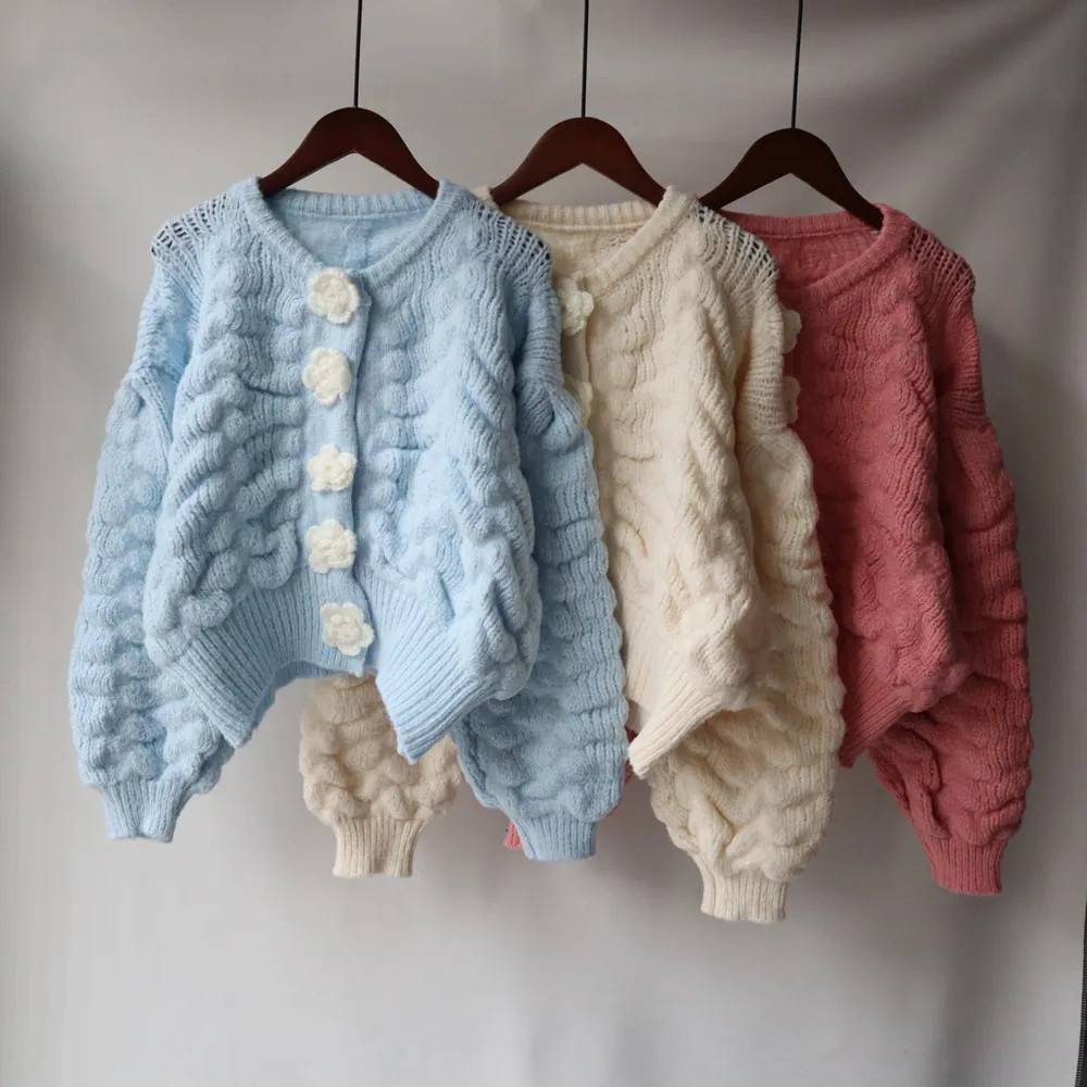 Woman Sweater Cardigan Korean Style Knitting Floral Buttons O-neck Lantern Sleeve Woman's Clothing