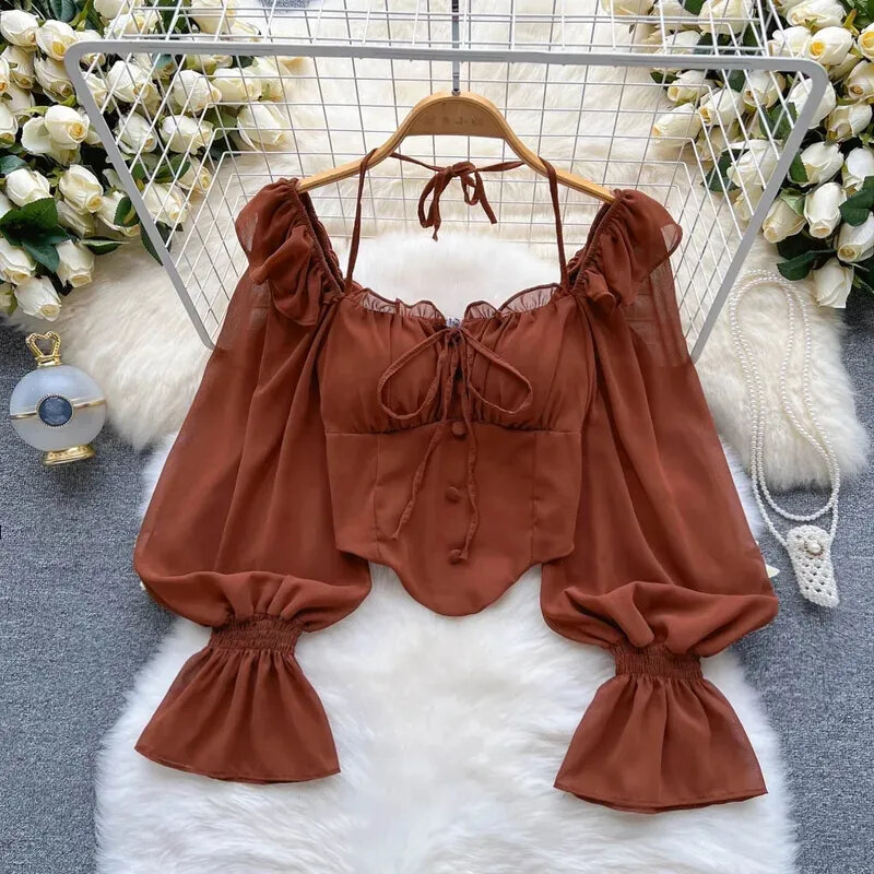 French Petal Sleeve Chiffon Blouse, Women Square Collar Halter Cropped Tops