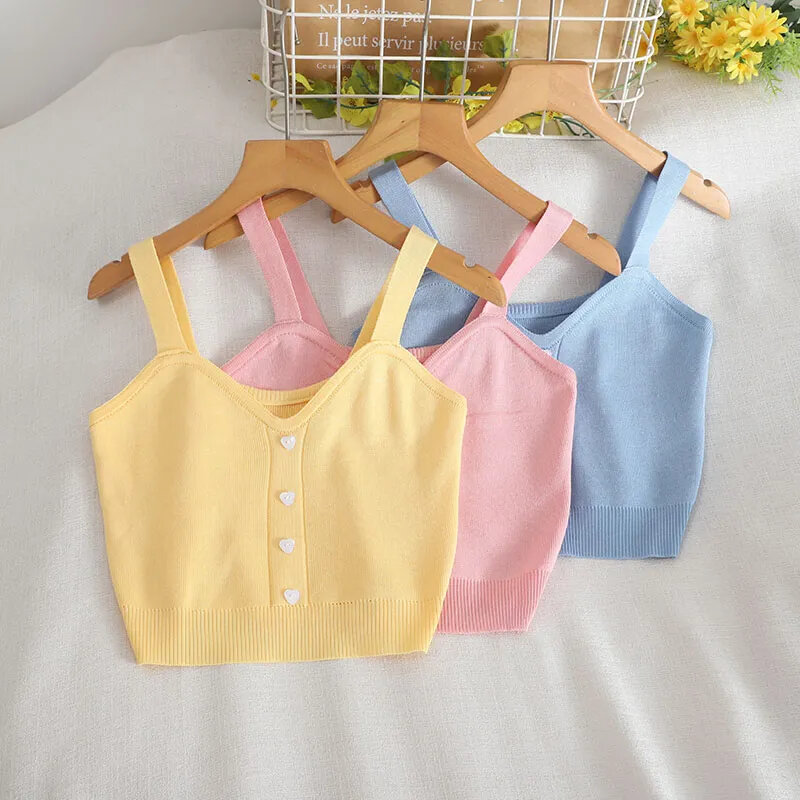 Pearl Diary Women Strappy Knitting Tops Summer V Neck Plastic Buttons Front Sleeveless Crop Tops Korean Style Sweet Kawaii Top