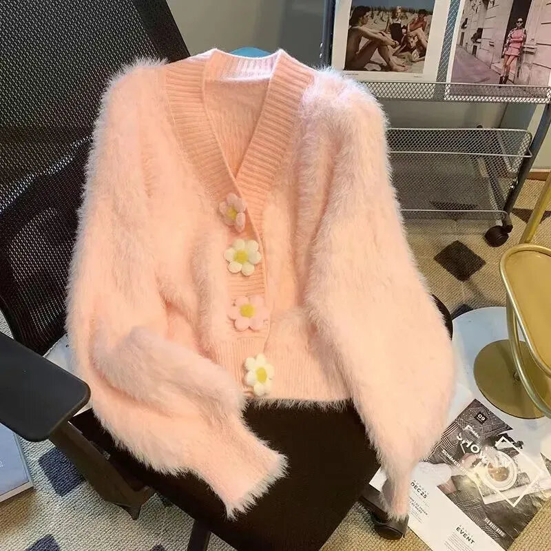 Korean Faux Mink Fur Cardigan Women Sweet Pink Flower Buttons V-neck Sweaters Female Winter Warm Plush Cardigans Tops