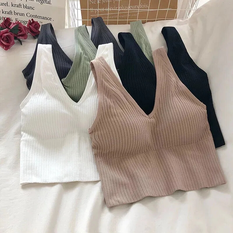 Ribbed Tank Tops Sexy Crop Vest Solid Harajuku Korean Female Off Shoulder Knitted V Neck Khaki White Summer Women Short Tops